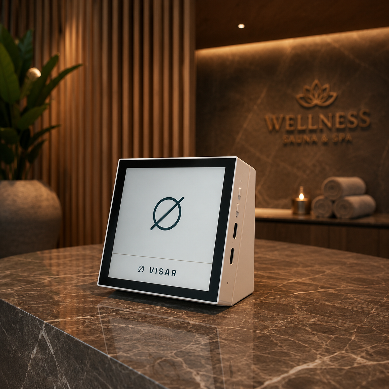 Das Visar-Gerät am Empfang eines Wellness-Spas: schlichtes weißes Gehäuse mit Ø-Logo auf dem Display, auf einem Marmortresen